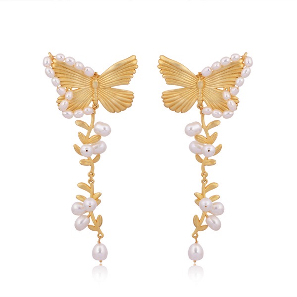 18k Gold Plated brass butterfly earrings with freshwater pearls, symbolising strength, kindness, and transformation by Artita Gallery