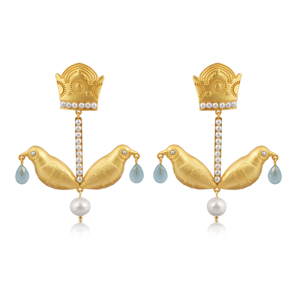 Royal Flight Gold Bird Earrings with crown detail, aqua chalcedony , and pearl accent
