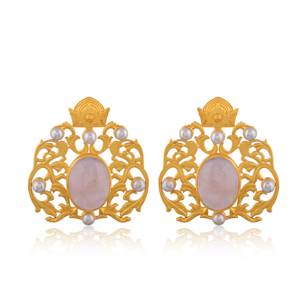 Rose Majesty 18 K Gold plated Filigree Earrings with rose quartz and freshwater pearls