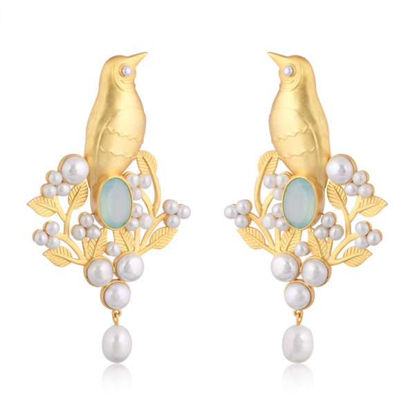 18K Gold statement earrings with aqua chalcedony stone, freshwater pearls and floral design, handcrafted luxury jewlery by Artita Gallery