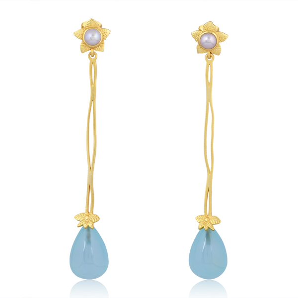 Ocean Whisper Aqua Chalcedony Drop Earrings in 18k gold plated brass with freshwater pearl
