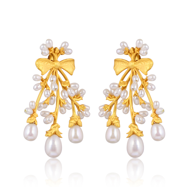 Butterfly Blossom gold plate statement earrings with freshwater pearls, nature-inspired, symbolizing freedom, hope, change, and transformation by Artita Gallery