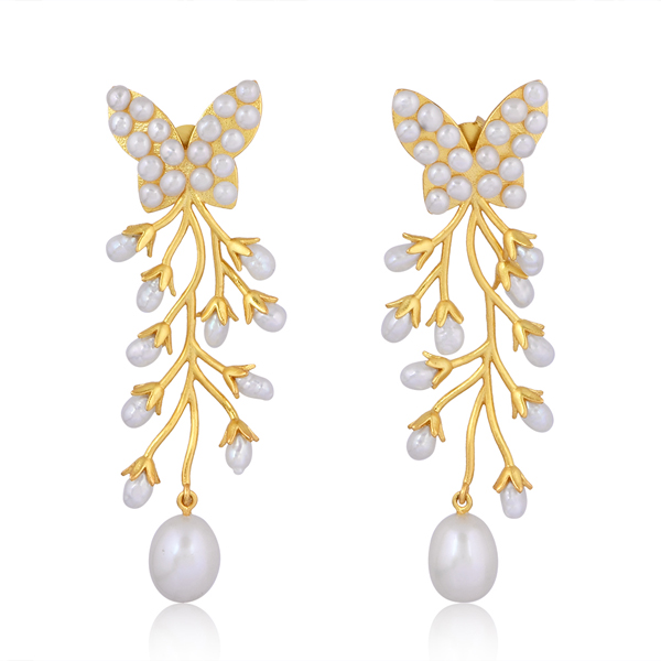 Hand crafted statement earrings with gold and freshwater pearls nature inspired by Artita Gallery