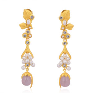 Blooming Rose Quartz Cascade Earrings with freshwater pearls and floral design