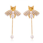 Artita Gallery Bee Blessed honey bee earrings with fresh water cultured pearls in 18K gold-plated brass.