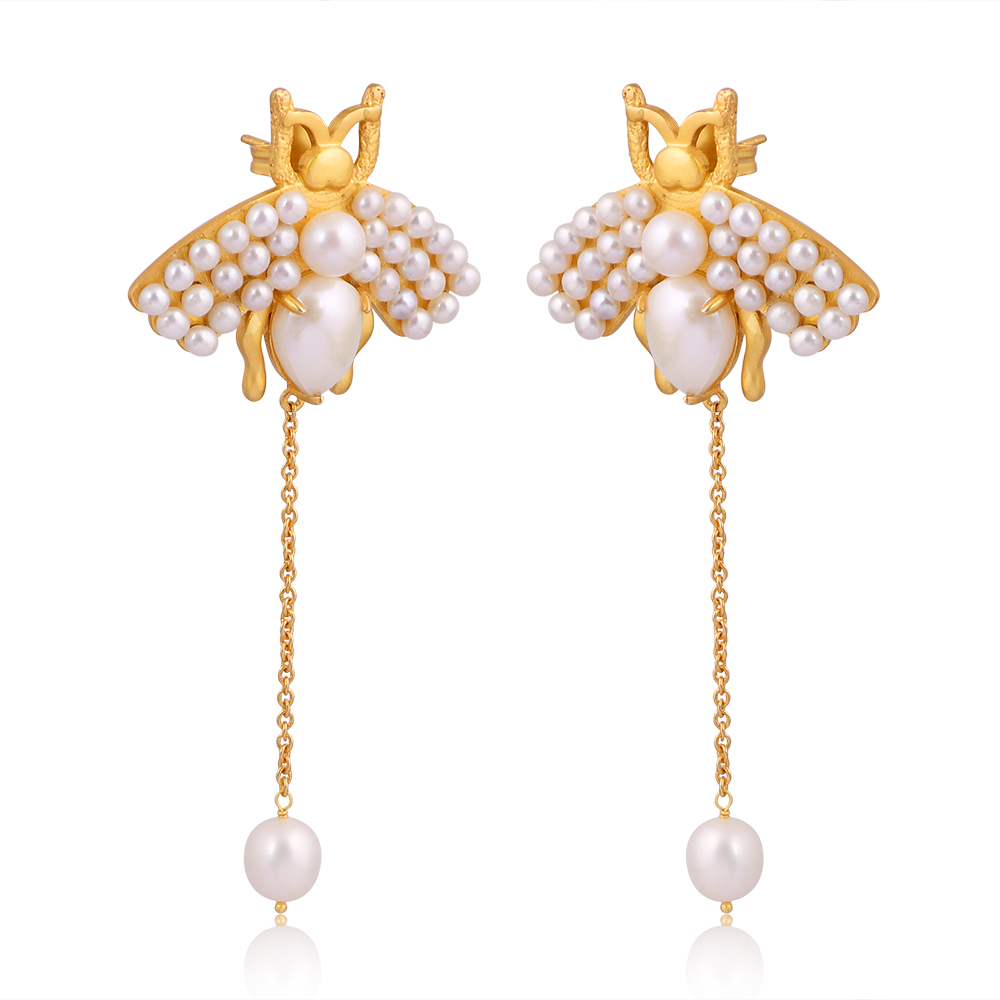 Artita Gallery Bee Blessed honey bee earrings with fresh water cultured pearls in 18K gold-plated brass.