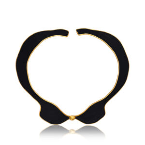 Black enameled sculptural choker necklace with gold asscents and contemporary artistic designs.